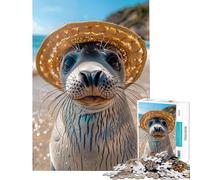 Puzzle 1000 pièces pour Adolescents Motif Phoque au Chapeau de Paille 1000 pièces décoration intérieure Jouet découpe de précision Cadeau d'anniversaire ou de Voyage (50x75cm)