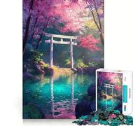 Puzzle 1000 pièces pour Adolescents Motifs cerisiers en Fleurs,Porte Torii et étang Activité Manuelle de découpe précise Exercice Mental Jeu Amusant et Relaxant Activité d'anniversaire (50x75cm)