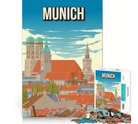 Puzzle 1000 pièces pour Adolescents Munich Allemagne Affiche de Voyage Vintage Frauenkirche Nouvel Hôtel de Ville Art de Bord précis Activité intellectuelle Jeu de détente Cadeau Artistique