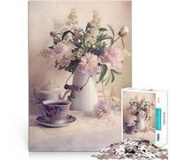 Puzzle 1000 pièces pour Adolescents Nature Morte avec des Fleurs fraîches et Une Tasse de thé Impossible Bon Cadeau 75x50cm