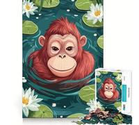Puzzle 1000 pièces pour Adolescents Orang-outan de Dessin animé dans Un Bassin de nénuphars Bords précis Jeu d'art pour stimuler l'esprit Jeu Calme et Amusant Cadeau d'anniversaire Artistique 38x52cm