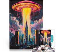 Puzzle 1000 pièces pour Adolescents OVNI au-Dessus du Paysage Urbain Jeu de Quiz avec des pièces de Formes aléatoires entièrement imbriquées 38x26cm