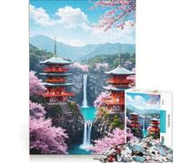 Puzzle 1000 pièces pour Adolescents, pagodes japonaises avec Fleurs de Cerisier et Cascade, Jeu éducatif, Cadeau d'anniversaire, idéal pour Toute la Famille 38x52cm