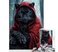 Puzzle 1000 pièces pour Adolescents Panthère Noire Mystique en Cape Rouge Décoration Murale pour Les Jeux éducatifs Chaque pièce est Unique Dimensions 38x26cm