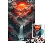 Puzzle 1000 pièces pour Adolescents Paysage de Cascade en Pixel Art avec Lune Rouge Puzzle Anti-Stress Jouet idéal pour se détendre à la Maison Cadeau de Noël ou d'anniversaire (50x75cm)