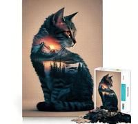 Puzzle 1000 pièces pour Adolescents,Paysage de Chat,Double Exposition,Bords précis,Art,entraînement cérébral,Jeu Calme et Amusant,Cadeau d'anniversaire (38x52cm)
