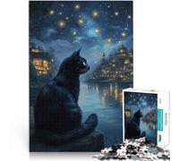 Puzzle 1000 pièces pour Adolescents Paysage Urbain Nocturne du Chat Noir - Le Chat dans la Nuit étoilée Jeu de Quiz Jeu de défi Unique 75x50cm