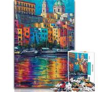Puzzle 1000 pièces pour Adolescents Peinture du Front de mer de Naples Italie Cadeaux pour Adultes avec Affiche et fiche de Questions Assorties pour Les 14 Ans et Plus 38x26cm