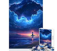 Puzzle 1000 pièces pour Adolescents Phare sur Une île côtière sous Un Ciel étoilé Décoration intérieure Jouet Cadeau Amusant Jeu Pratique Chaque pièce est Unique Dimensions 38x52cm