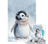 Puzzle 1000 pièces pour Adolescents Pingouin dans la Neige avec Casque Audio Jeux de détente pour Adultes Une œuvre d'art Cadeau Anti-Stress (Dimensions 38x26cm)