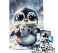 Puzzle 1000 pièces pour Adolescents Pingouin Mignon avec café Puzzle pour Adultes Jouet décoration Murale Souvenir Anniversaire et Cadeau Unique (Taille 38x52cm)
