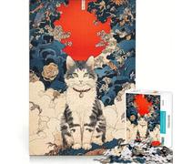 Puzzle 1000 pièces pour Adolescents Portrait de Chat Ukiyo-e avec Soleil Rouge Jeu éducatif entraînez Votre Cerveau et Vos Mains Cadeau pour Les Amis et la Famille 38x52cm