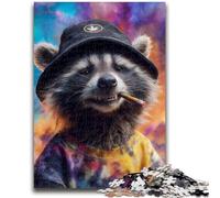 Puzzle 1000 pièces pour Adolescents Raton Laveur Portant Un Chapeau Difficile à compléter mais Amusant et Humoristique avec Une Affiche Assortie et Une Feuille de Questions-réponses 50x75cm