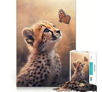 Puzzle 1000 pièces pour Adolescents Rencontre guépard et Papillon Jeu d'articulation Fine Amusant et Stimulant Jeu Confortable Cadeau d'anniversaire (38x26cm)