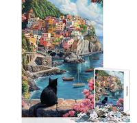 Puzzle 1000 pièces pour Adolescents représentant Une Ville côtière Vue par Un Chat Puzzle pour Adultes décoration Murale difficulté élevée idéal comme Cadeau pour Toute la Famille (38x26cm)