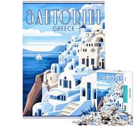 Puzzle 1000 pièces pour Adolescents Santorin Grèce Affiche rétro Activités Amusantes à la Maison Jeu éducatif d'assemblage de Motifs pour Les 14 Ans et Plus Jeu de Puzzle Offert (38x52cm)