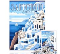Puzzle 1000 pièces pour Adolescents Santorin Grèce Affiche rétro Décoration Murale Cadeau d'anniversaire Jeu de réflexion Stimulant et décompressant Dimensions 38x52cm