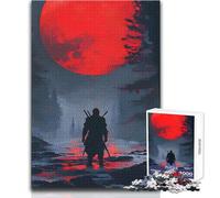 Puzzle 1000 pièces pour Adolescents - Silhouette de samouraï sous la Lune Rouge - Design élégant - Jeu pour améliorer la mémoire - Cadeau d'anniversaire - Dimensions : 38x26cm