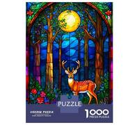 Puzzle 1000 Pièces pour Adolescents Stained Glass Deer in Forest Puzzles pour Adultes, Jouet, Décoration Murale, Art Mural, Idéal comme Cadeau pour Toute La Famille 52x38cm/1000pcs