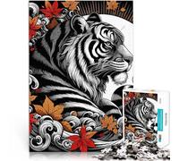Puzzle 1000 pièces pour Adolescents Tigre avec des Feuilles d'automne Jeu Pratique Activités Amusantes à la Maison, Cadeaux d'anniversaire, Cadeaux de Voyage, 75x50cm