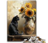 Puzzle 1000 pièces pour Adolescents Tournesol et Chat Noir Jeux de détente Jeu éducatif pour Anniversaire, Noël à partir de 14 Ans 26x38cm
