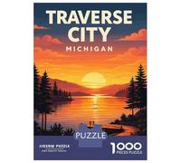 Puzzle 1000 Pièces Pour Adolescents Traverse City Michigan Travel Poster - Lake Michigan Vintage Wall Art Print Les Puzzles Pour Adolescents Améliorent La Mémoire - Cadeau D'anniversaire, De Noël 52x3
