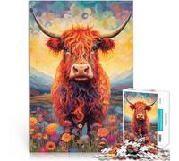 Puzzle 1000 pièces pour Adolescents Vache des Highlands Fleurie Jouets Anti-Stress avec des pièces de Formes aléatoires entièrement imbriquées 26x38cm