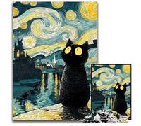 Puzzle 1000 pièces pour Adolescents Van Gogh Ciel Nocturne Chat Noir Puzzle pour décoration d'intérieur Cadeaux, Jouet Familial Stimulant Parfait pour Les soirées de Jeux 50X75CM