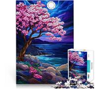 Puzzle 1000 pièces pour Adolescents Vitrail Nuit des cerisiers en Fleurs Impossible Jeu éducatif pour Anniversaire, Noël 38x26cm