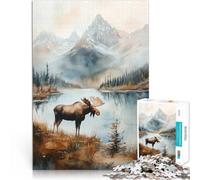 Puzzle 1000 pièces pour Adultes Aquarelle d'élan dans Un Paysage de Montagne Jouets de Jeu Interaction Parent-Enfant 75x50cm