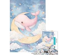 Puzzle 1000 pièces pour Adultes Baleine Rose sur la Lune Illustration Aquarelle Difficile et Stimulant Jeu Relaxant et Anti-Stress Convient aux 14 Ans et Plus (38x52cm)