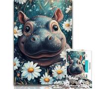 Puzzle 1000 pièces pour Adultes bébé Hippopotame et Fleurs 1000 pièces pour Adultes et Adolescents Art au Fusain pour Tuer Le Temps décoration d'intérieur 38x26cm