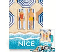 Puzzle 1000 pièces pour Adultes Belle Côte d'Azur Promenade des Anglais Illustration de Voyage Découpe Impeccable Jeu de Concentration Amusant Cadeau Gratuit Idée Cadeau d'anniversaire (38x52cm)