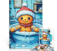 Puzzle 1000 pièces pour Adultes Bonhomme en Pain d'épice dans Une Baignoire enneigée pour Noël Jeu intellectuel décoration Murale 75x50cm