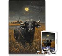 Puzzle 1000 pièces pour Adultes - Buffle d'Afrique au Clair de Lune - Jeu éducatif - Décoration Murale - Cadeau de Noël Secret - Dimensions : 50x75cm