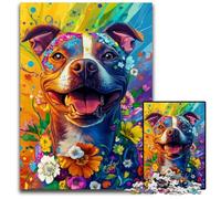 Puzzle 1000 pièces pour Adultes Bull Terrier avec Fleurs Puzzles en Bois Soulagement du Stress Staycation Tuer Le Temps, Une œuvre d'art pour et 14 Ans 50X75CM