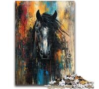 Puzzle 1000 pièces pour Adultes, Cadeau Cheval Noir, Anti-Stress, Vacances à la Maison, tuez Le Temps avec Affiche et fiche de Questions Assorties 26x38cm