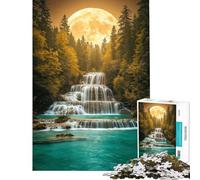 Puzzle 1000 pièces pour Adultes Cascade majestueuse sous Une Lune dorée Jeu de réflexion pour Adultes Améliore la mémoire Cadeau de Noël ou d'anniversaire (Dimensions 38x52cm)