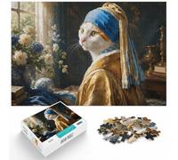 Puzzle 1000 pièces pour Adultes, Cat with a Pearl Earring Parody | Pour les soirées calmes : ce puzzle 1000 pièces adulte offre une façon agréable de se détendre à la maison.