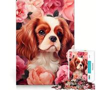 Puzzle 1000 pièces pour Adultes Cavalier King Charles Spaniel dans Les Roses,découpe précise,Jeu de réflexion et de détente,Cadeau Artistique de Noël (38x52cm)
