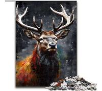 Puzzle 1000 pièces pour Adultes Cerf Peinture à l'huile Portrait en Bois, pour Noël et Le Nouvel an, Cadeau de Vacances 50x75cm Activité de Jeu familiale captivante