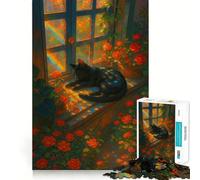 Puzzle 1000 pièces pour Adultes Chat,Arc-en-Ciel et Roses par Window Clean Fit Decor Jeu d'exercice cérébral Moments de détente et de Plaisir d'anniversaire (38x26cm)