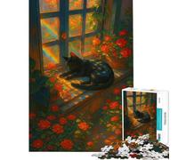 Puzzle 1000 pièces pour Adultes Chat Arc-en-Ciel et Roses près de la fenêtre Niveau Difficile Jeu éducatif pour Les 14 Ans et Plus (38x52cm)