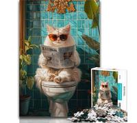 Puzzle 1000 pièces pour adultes Chat assis sur les toilettes Puzzles pour adultes,jeux d'activités familiales stimulants Jouet de bricolage pour décoration murale de la maison Cadeaux (taille 38x26cm)
