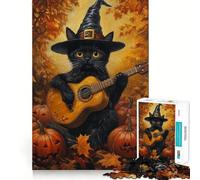 Puzzle 1000 pièces pour Adultes Chat au Chapeau de sorcière avec Guitare Jeu de découpe précise,créatif et Amusant,idéal pour Les Loisirs et Les Anniversaires (38x26cm)