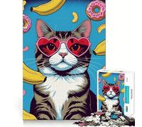 Puzzle 1000 pièces pour Adultes Chat avec Lunettes en Forme de cœur et Donuts Décoration Clean Fit Jouet d'exercice cérébral Moments de détente et de Plaisir d'anniversaire (50x75cm)