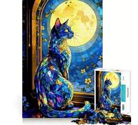 Puzzle 1000 pièces pour Adultes Chat Bleu Vif Vitrail Casse-tête Amusant et précis Cadeau de Loisirs et de détente Décoration de Noël (38x52cm)
