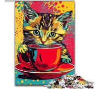 Puzzle 1000 pièces pour Adultes Chat Buvant du café, adapté aux Personnes de 14 Ans et Plus Jeux éducatifs Cadeaux du Père Noël Secret (Taille 50x75cm)