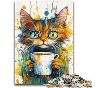 Puzzle 1000 pièces pour Adultes Chat Buvant du café Jouets éducatifs et éducatifs Décoration intérieure Unique et Cadeaux pour 14+ 50x75cm