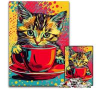 Puzzle 1000 pièces pour Adultes Chat Buvant du café Puzzles en Bois Design Complexe pour Adolescents, décoration DIY et Divertissement Stimulant pour Le Cerveau 50x75cm